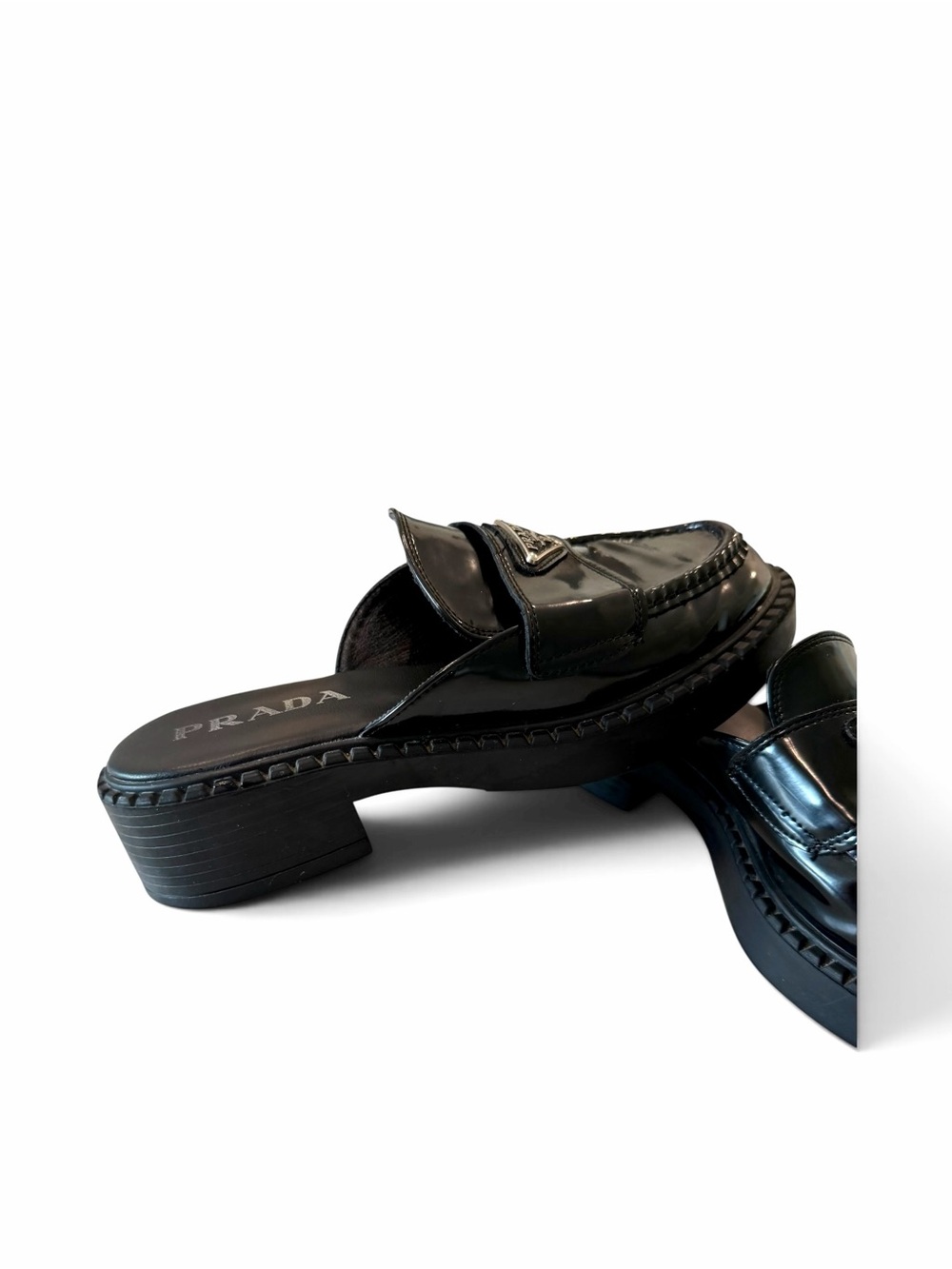 Prada Black Patent Leather Slip-On classic prada logo slides mules - Picture 3 of 12